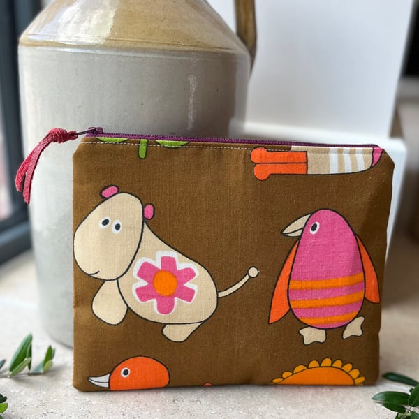 Vintage animal cotton and corduroy zip pouch retro fabric by Frieda Clowes
