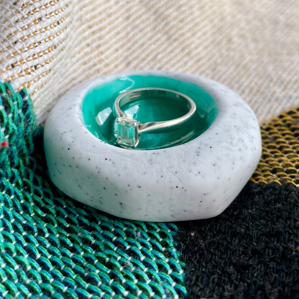 White and green speckle ring dish, mini trinket dish, handmade homewares