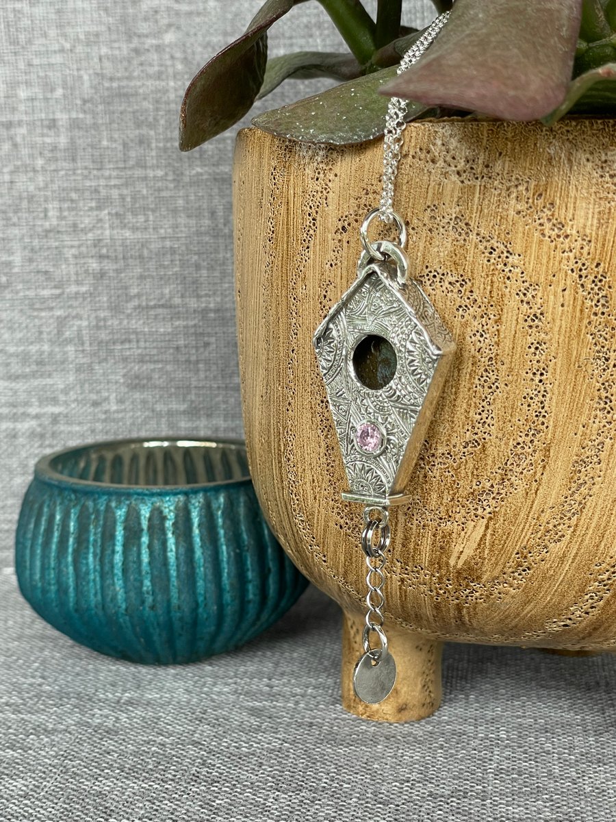 Fine Silver Birdhouse Pendant