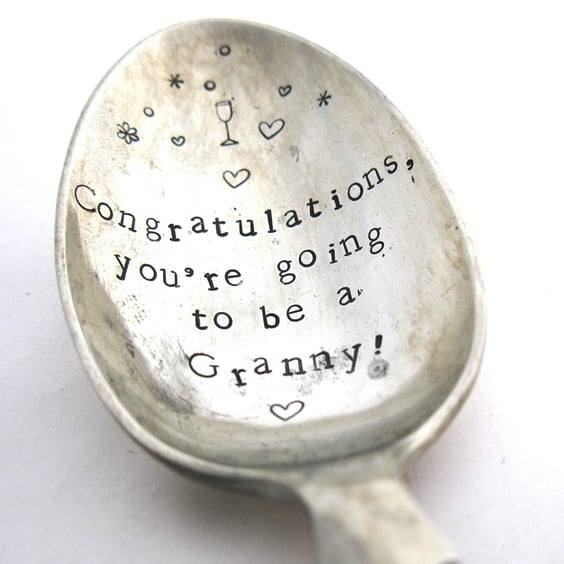 Congratulations Granny, Hand Stamped Vintage Dessertspoon