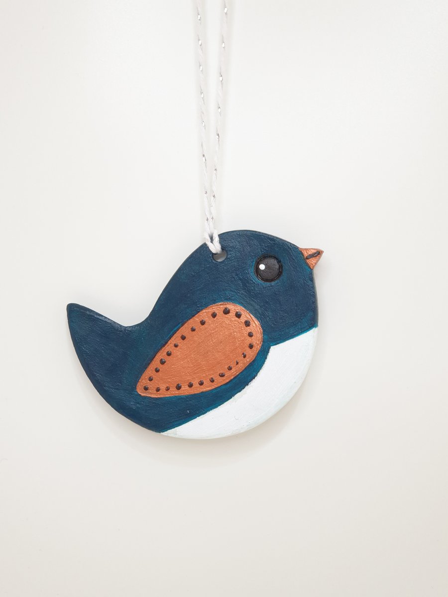 Bird decoration, clay home decor hanging gift, dark turquoise and bronze