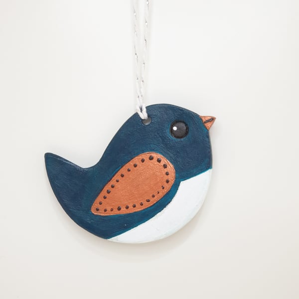 Bird decoration, clay home decor hanging gift, dark turquoise and bronze