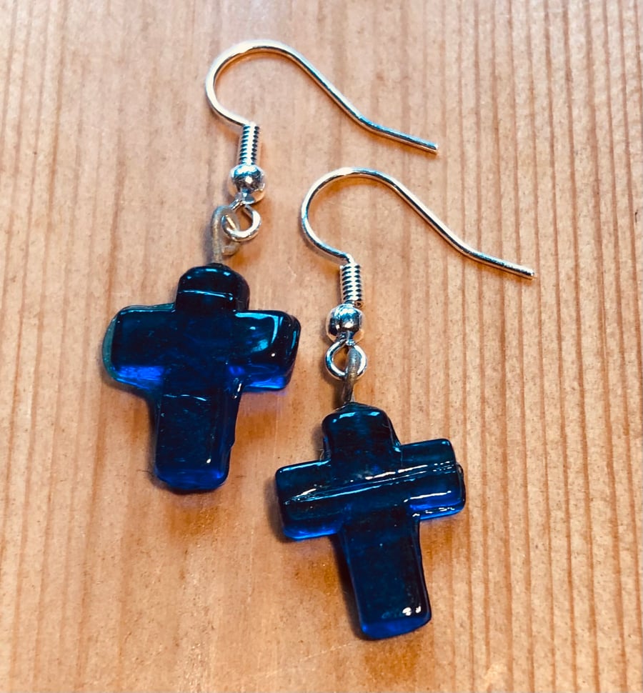 Blue glass cross earrings