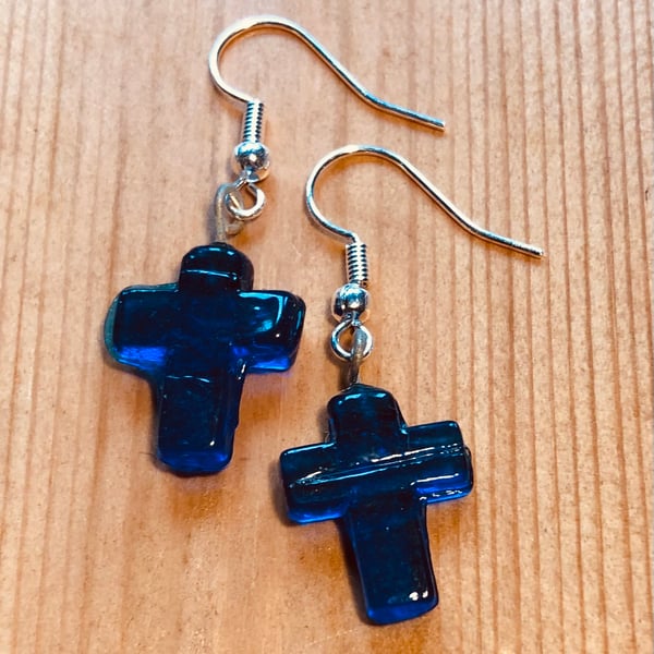 Blue glass cross earrings