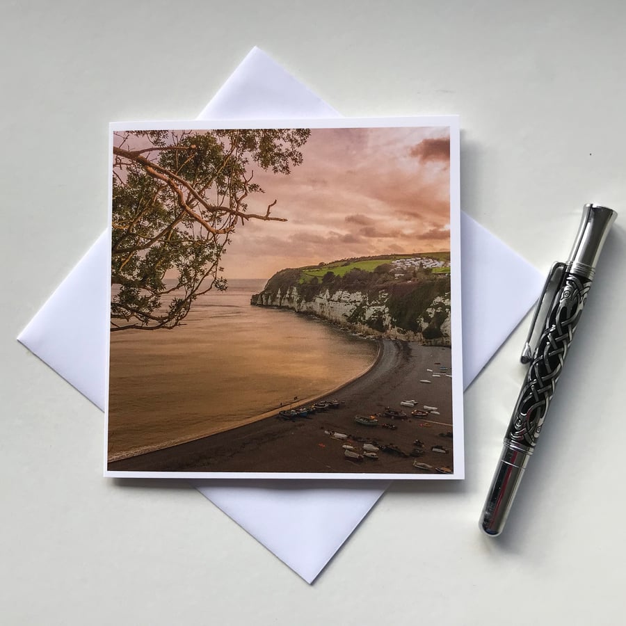 Birthday card with a photograph of fishing boats on the beach at Beer, Devon