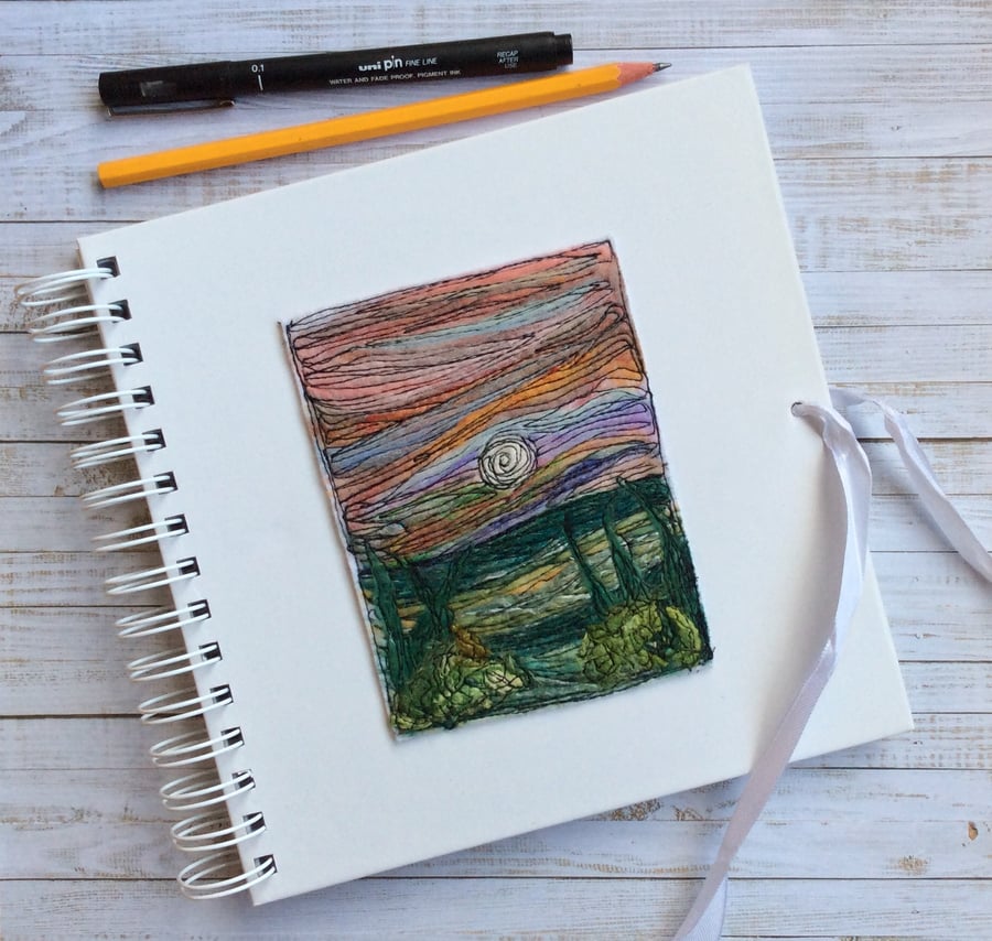 Embroidered landscape sketchbook, journal, scrapbook or kraft book. 