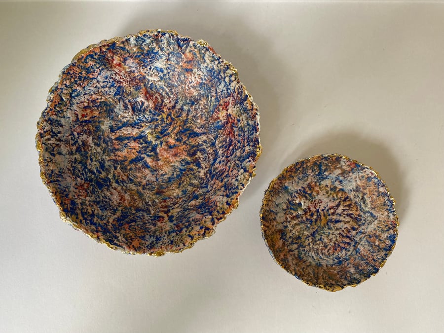 Blue planet inspired paper mache bowls, Recycled paper eco sustainable dishes 