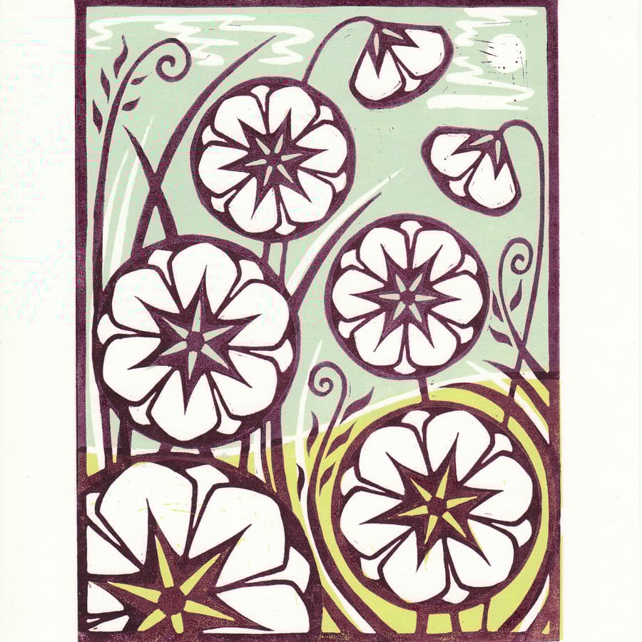 Burgundy Flowers Lino Print