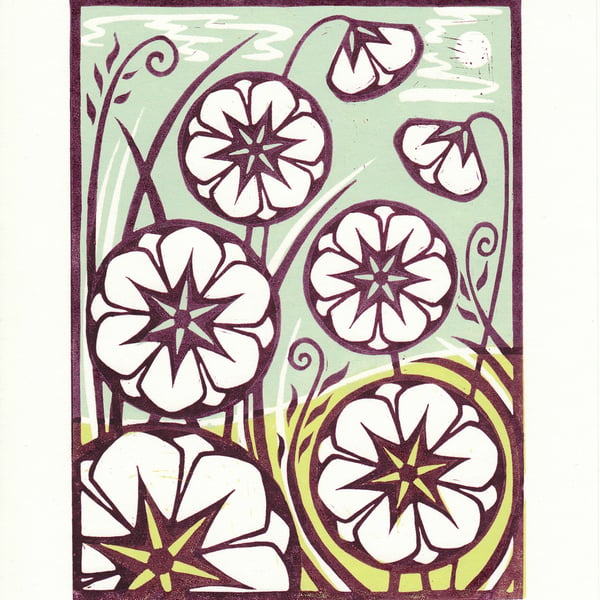 Burgundy Flowers Lino Print