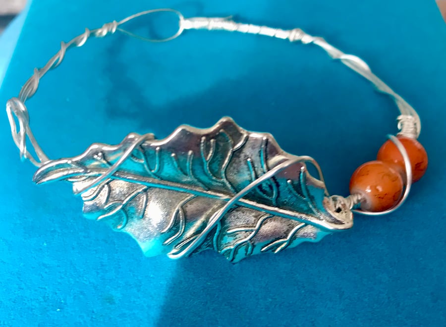 Boho Leaf Bangle  - Vibrant Orange Beads - Silver Plated