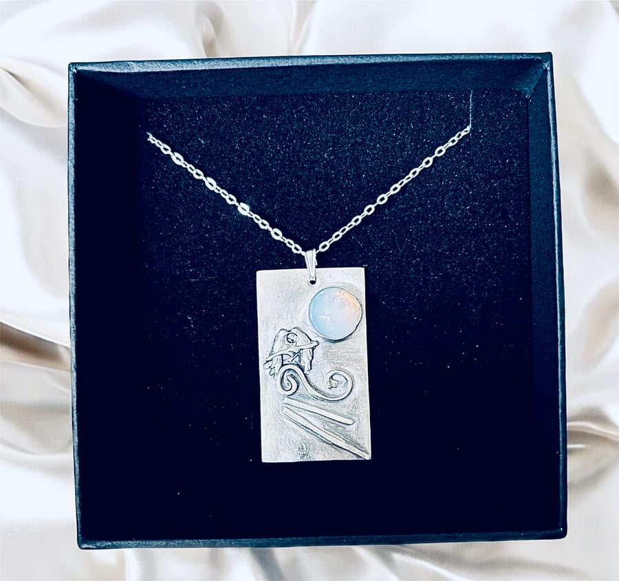 Sterling Silver - 16” Opalite Cabochon - Lovebirds Under the Moon