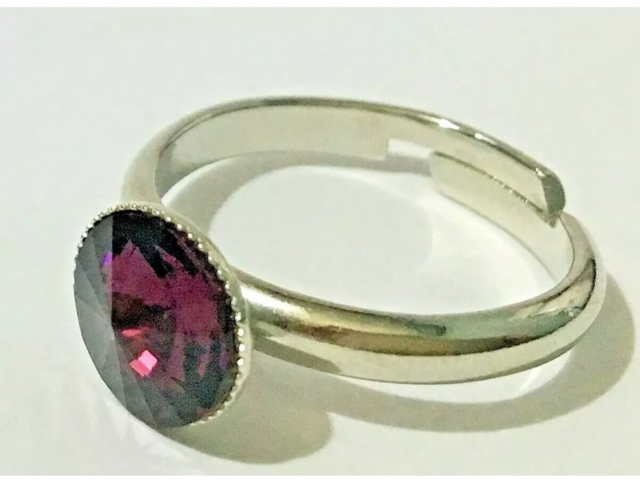 Amethyst coloured Swarovski Stone on Titanium Plated Adjustable Ring