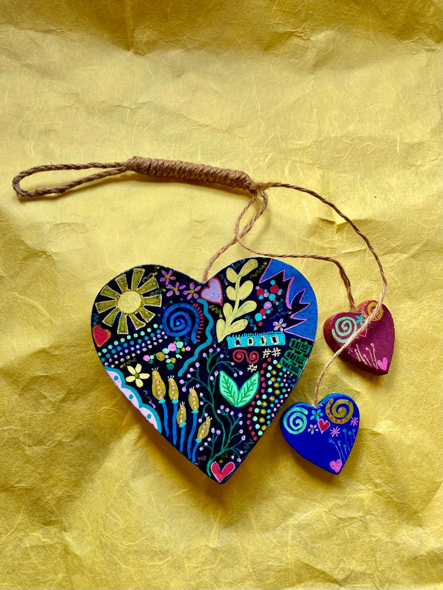 3 abstract hanging wooden hearts mobile