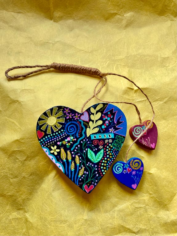 3 abstract hanging wooden hearts mobile