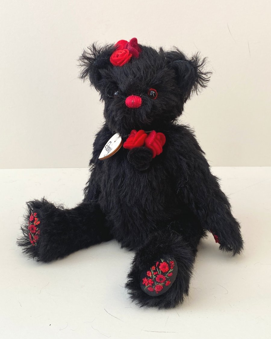 Black mohair artist teddy bear, one of a kind adult collectable Gothic bear