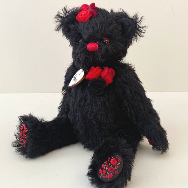 Black mohair artist teddy bear, one of a kind adult collectable Gothic bear
