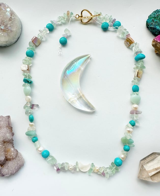 Pearl Gemstone Moon Necklace Larimar,Moon necklace, Fluorite, Turquoise, Ocean 