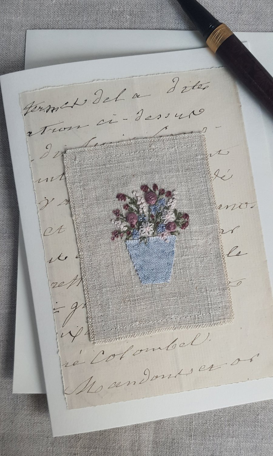 Hand embroidered blank greetings card