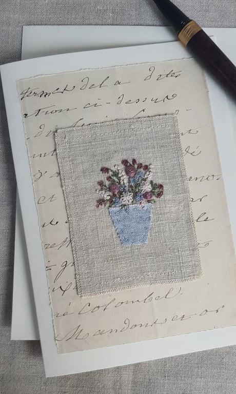 Hand embroidered blank greetings card