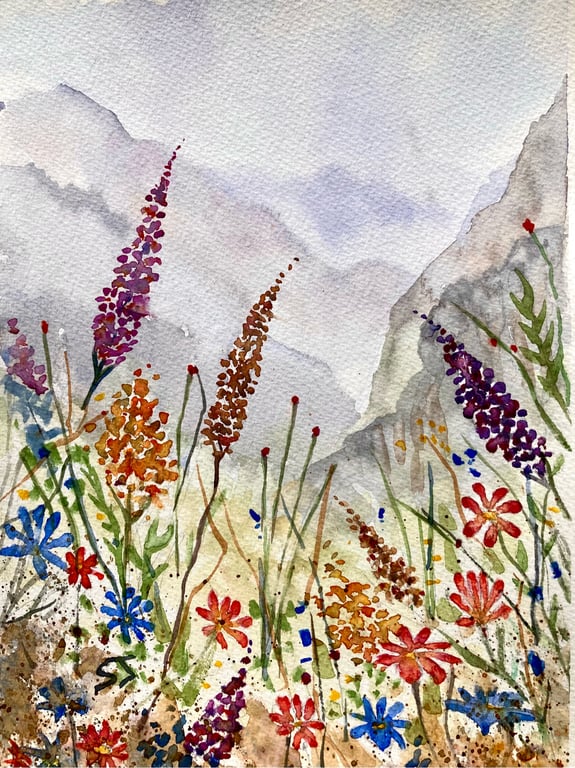 Alpine mountain flowers French Alps original fine art painting A4