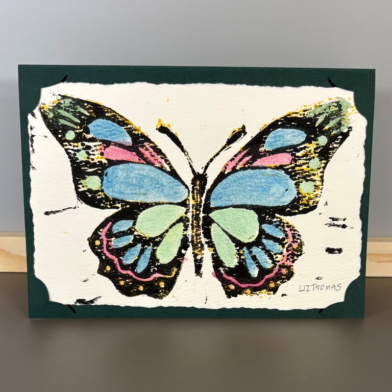 Greetings Card - Handprinted Painted Butterfly Green Tipped Wings