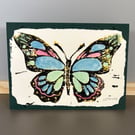 Greetings Card - Handprinted Painted Butterfly Green Tipped Wings