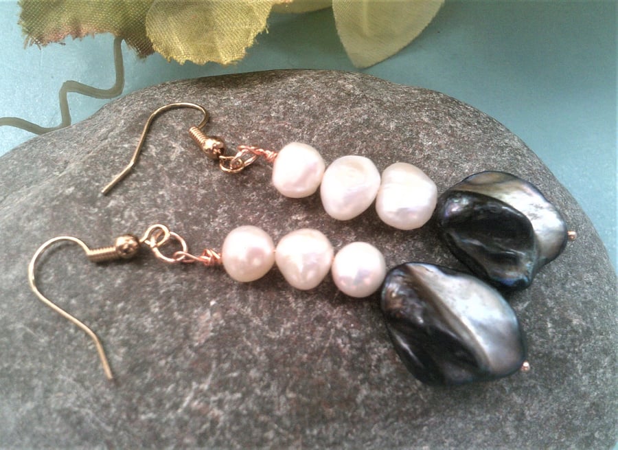 Black GreyMother of Pearl Earrings and White Freshwater Pearls, Dangle Earrings