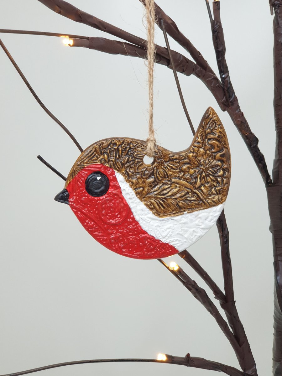 Robin decoration, Christmas hanging decoration made of clay, bird lover gift