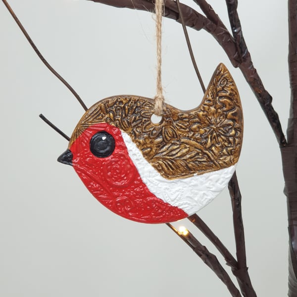 Robin decoration, Christmas hanging decoration made of clay, bird lover gift