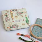 Soft zipped bag - vintage style icon themed pouch, green tweed backing