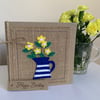 Handmade Birthday Card. Blue and white striped jug with flowers from felt.