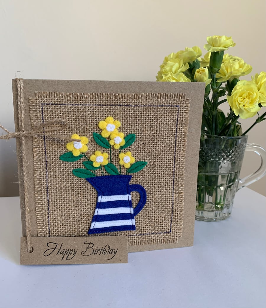 Handmade Birthday Card. Blue and white striped jug with flowers from felt.
