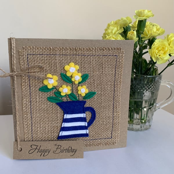 Handmade Birthday Card. Blue and white striped jug with flowers from felt.