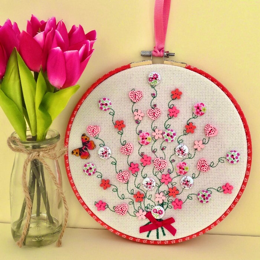Embroidered Hoop Decoration: Pink Button Bouquet design 8” (20cm)