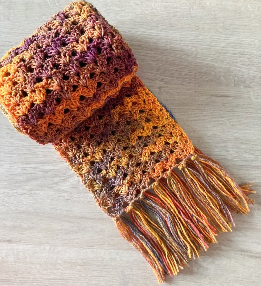 The Autumn Colours Crocheted Fringed Scarf