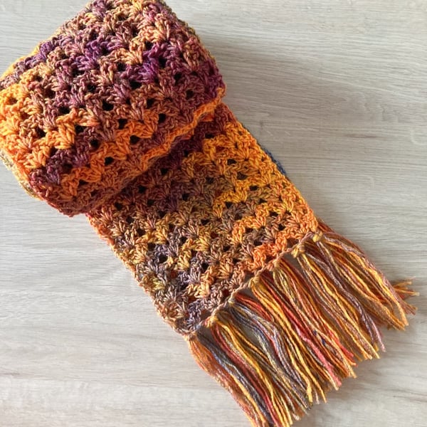The Autumn Colours Crocheted Fringed Scarf