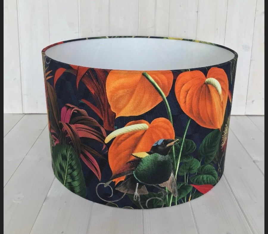 Lampshade in a Vibrant botanical jungle print velvet fabric