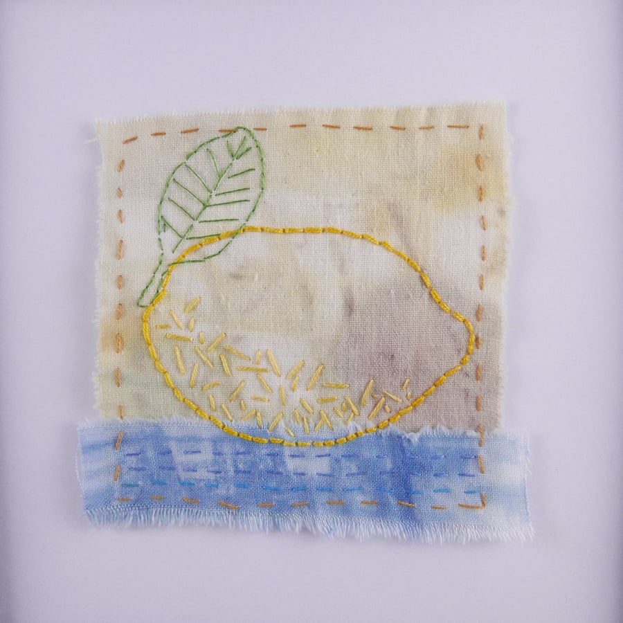 Lemon textile art, hand stitched and ready to frame 
