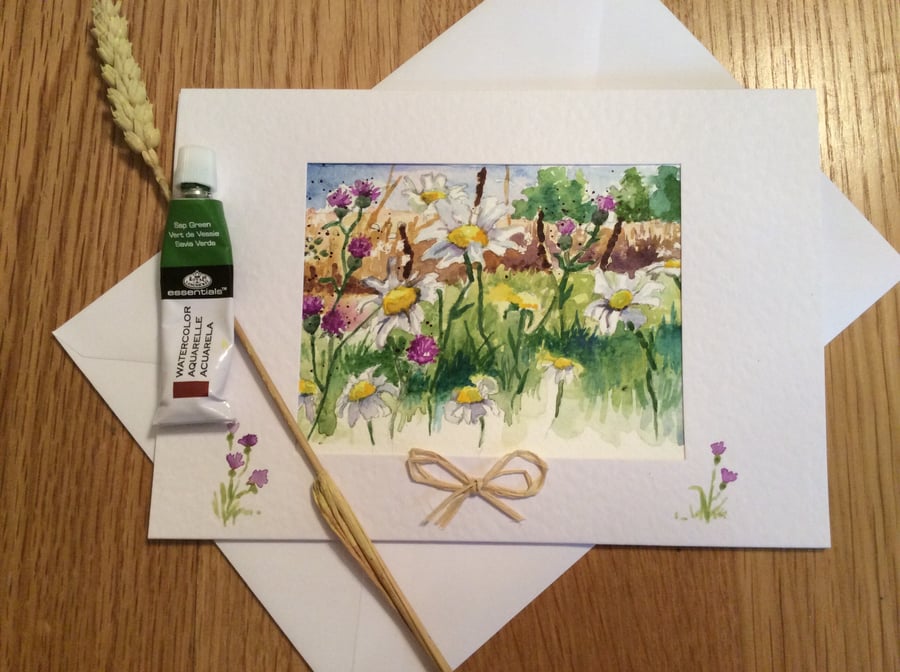 Original handpainted greeting card of meadow with daisies and thistles.