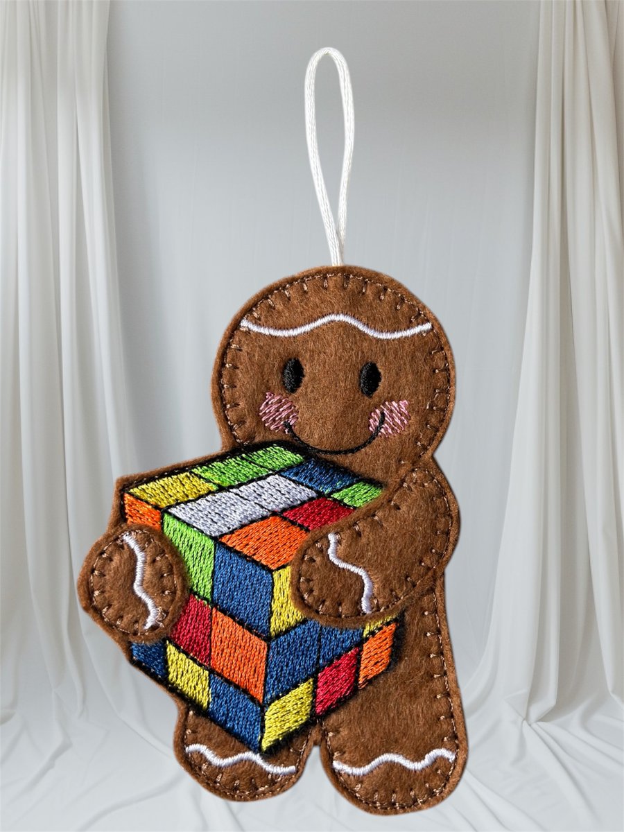 Gingerbread man holding a rubix cube Embroidered Hanging Keepsake 