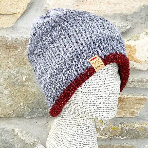 Sparkly Hat. Reversible Hat. Red Hat. Grey Hat. Beanie. Slouchy. Woolly Hat. Hat