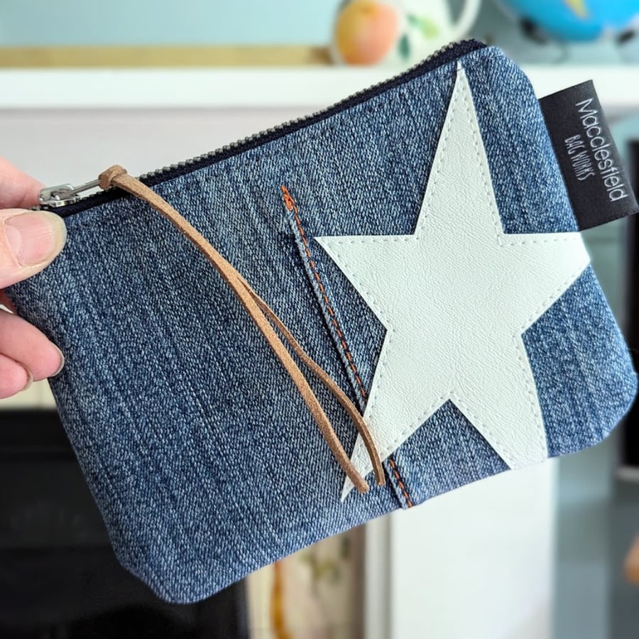 Denim Star Small Pouch Purse with White Star Motif - seconds