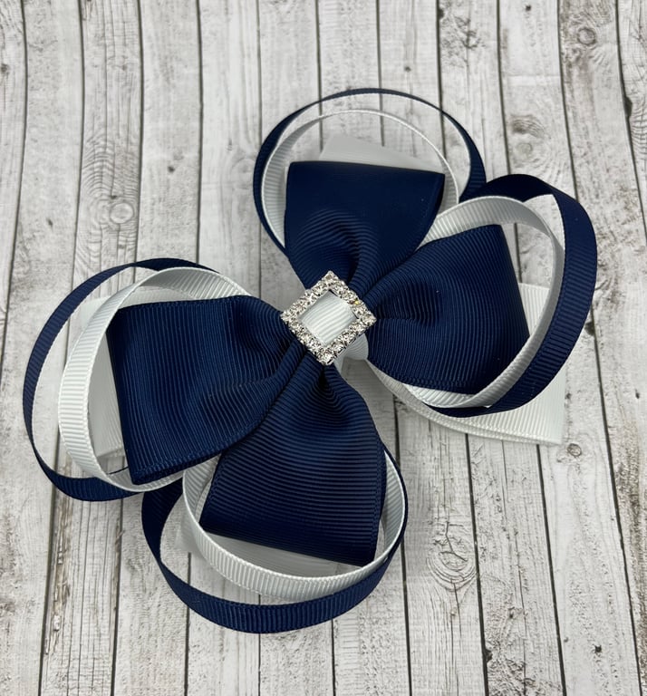 Large 5 inch Navy and White Double Layer Bow with Double Loops