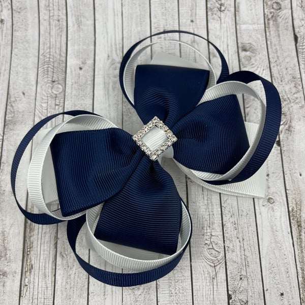 Large 5 inch Navy and White Double Layer Bow with Double Loops