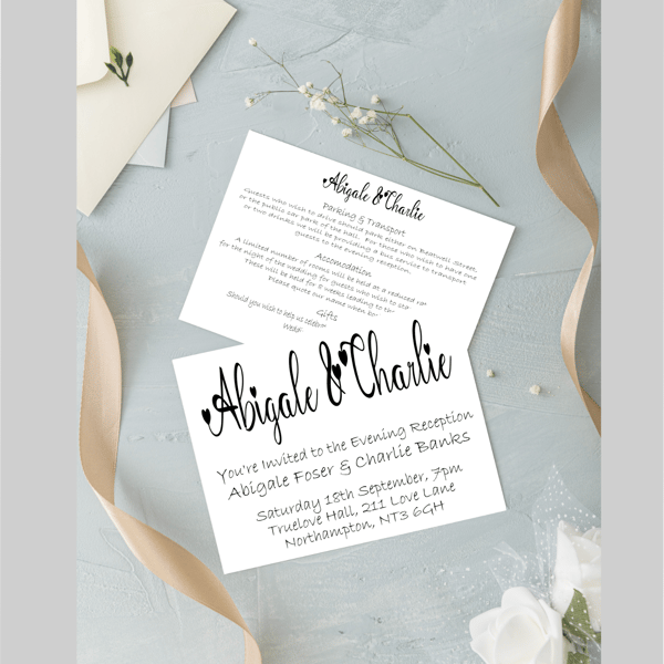 Heart Evening Wedding Invitation, Personalised Wedding Stationery