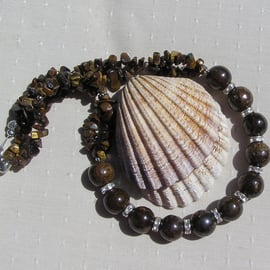 Brown Bronzite & Gold Tiger Eye Gemstone Chunky Statement Necklace "Cognac"