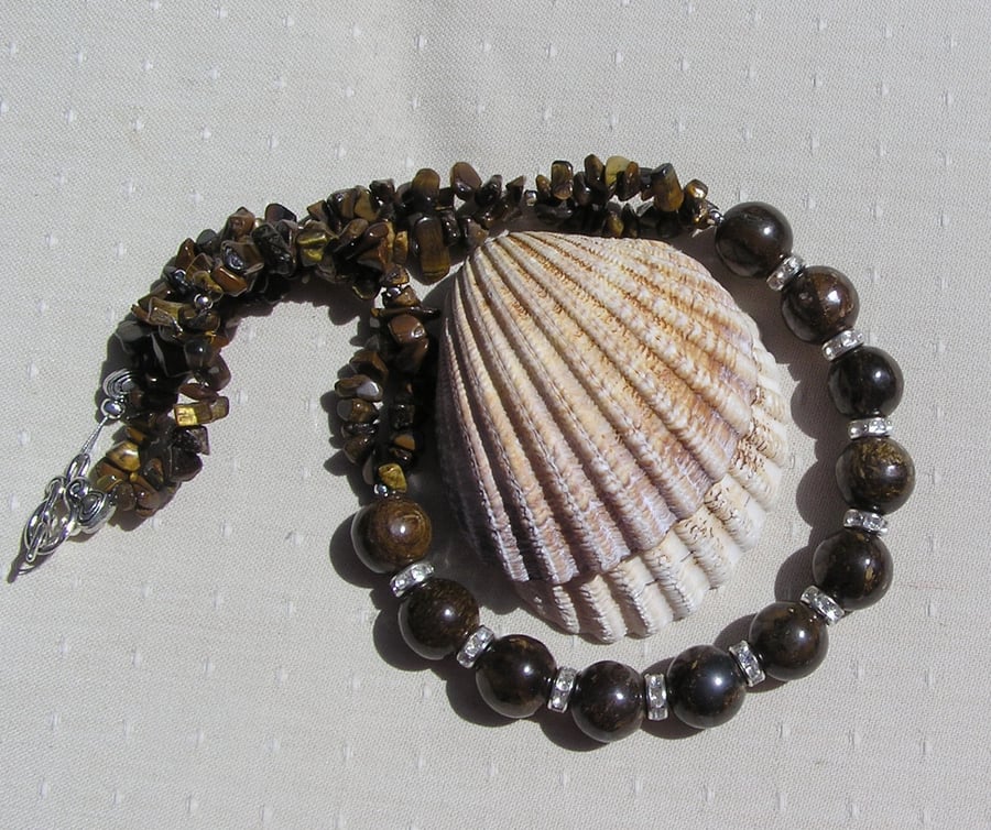 Brown Bronzite & Gold Tiger Eye Gemstone Chunky Statement Necklace "Cognac"