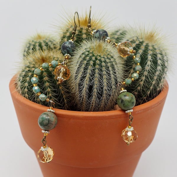 Bohemian Long Chandelier Teal Turquoisey Green Beaded Earrings with Gemstones