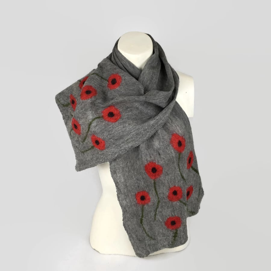 Grey shorter length nuno felted merino wool poppy scarf