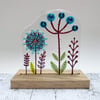 Fused Glass Botanicals on Oak - Turquoise - Handmade Fused Glass Sculpture